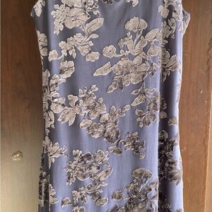 Pola grey blue cocktail dress with black velvet floral appliqué